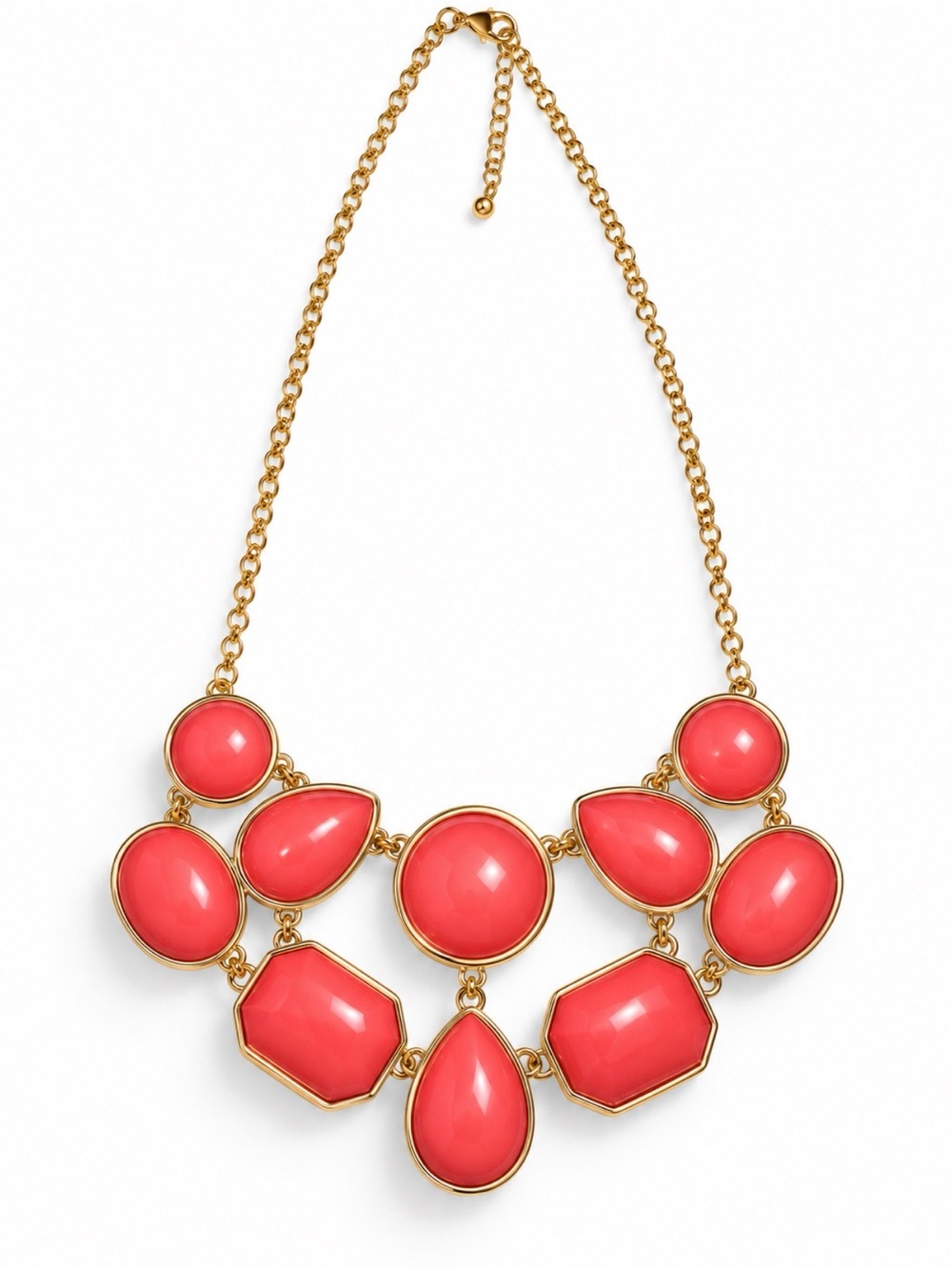 Coral Pink Statement Bib Necklace Shiny Gold Tone Mixed Shape Cabochons